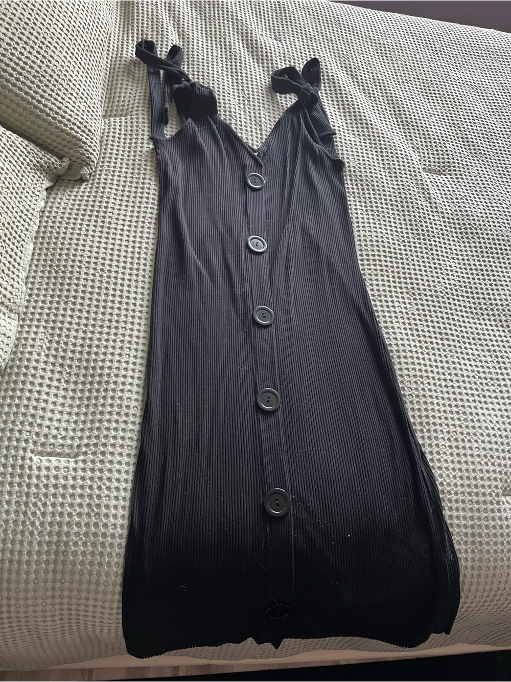 Zara Black Ribbed Button-Front Midi Dress with Tie Straps